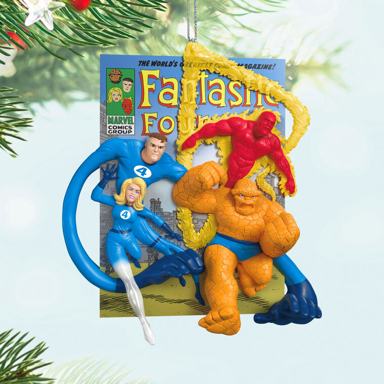 Fantastic Four ornament, Mister Fantastic, Invisible Woman, Human Torch, The Thing, comic cover art, Hallmark Keepsake Christmas decoration.