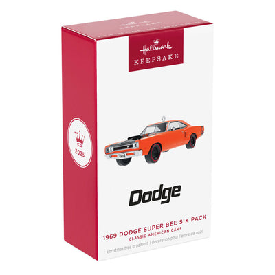 1969 Dodge Super Bee die-cast metal ornament in orange with black racing stripes, redline tires, and turning wheels.