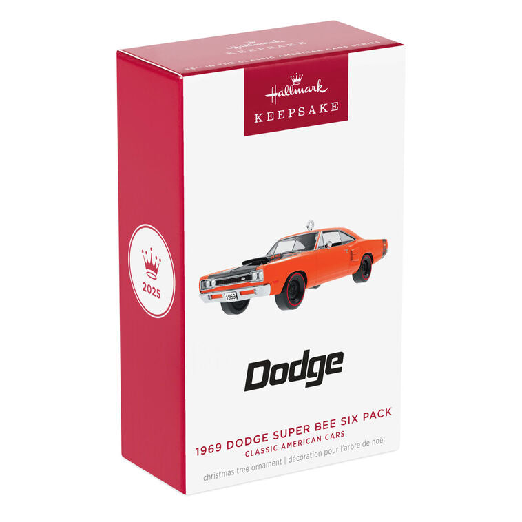 1969 Dodge Super Bee die-cast metal ornament in orange with black racing stripes, redline tires, and turning wheels.