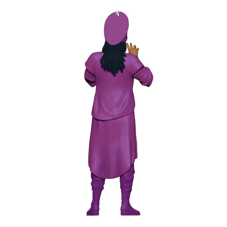 Hallmark Star Trek Guinan ornament—purple-robed bartender figurine from The Next Generation, holding hands up, inspired by Ten Forward
