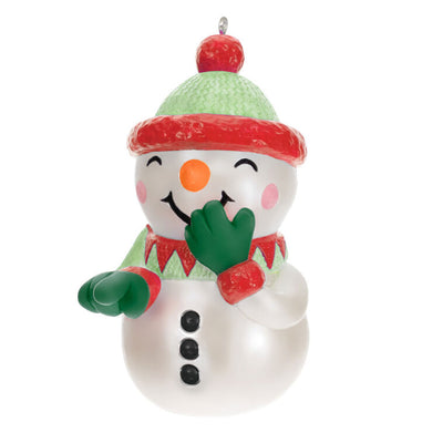 Funny snowman Christmas ornament with pullable arm and silly sound effects, battery operated holiday decoration

