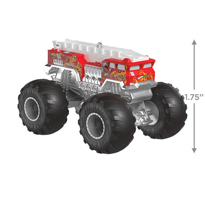 Hallmark Keepsake Hot Wheels HW 5-Alarm Monster Truck ornament, candy-apple red fire truck with big wheels, Christmas decor for kids.