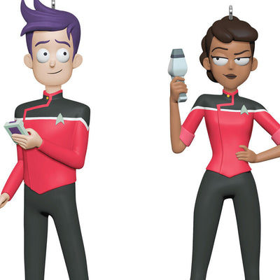 Star Trek Lower Decks ornaments—Beckett Mariner and Bradward Boimler, cartoon crew in red uniforms, Hallmark set of 2
