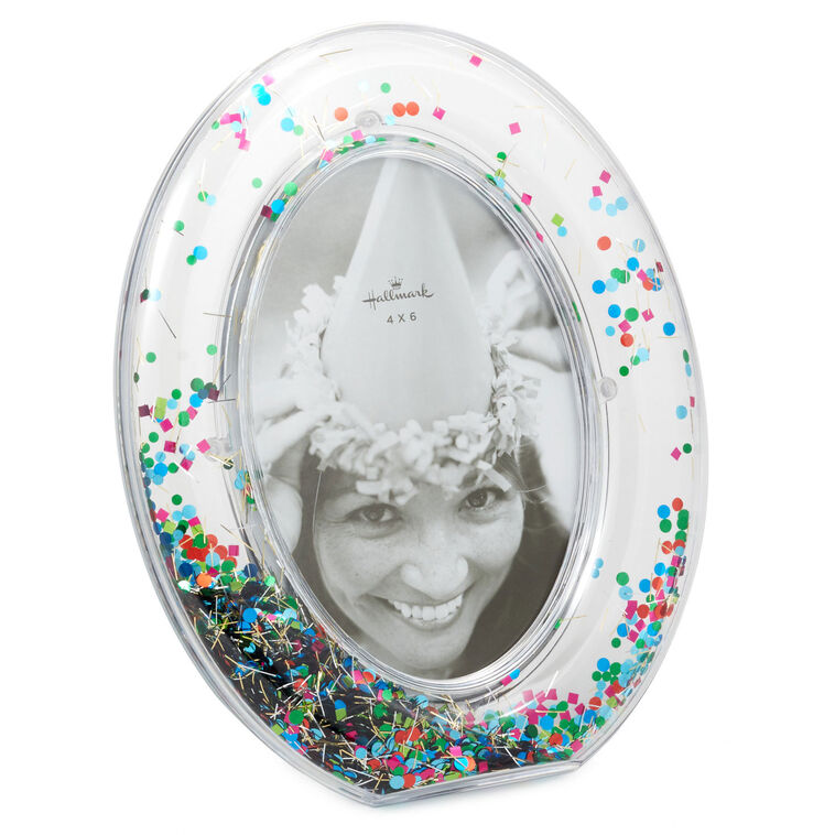 Clear oval picture frame with colorful metallic confetti inside the border, easel back, fits 4x6 vertical photo, Hallmark
