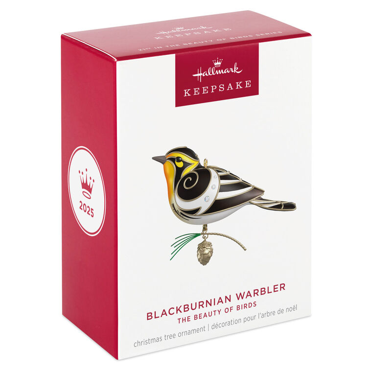 The Beauty of Birds Blackburnian Warbler Christmas tree ornament with black and yellow feathers, metallic silver accents, gem