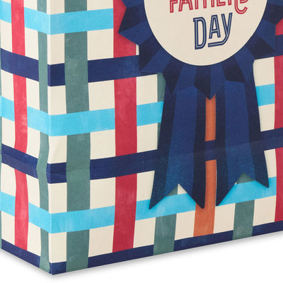 Medium Father's Day gift bag with blue award ribbon on striped basketweave background in orange, red, blue, sage, and cream.
