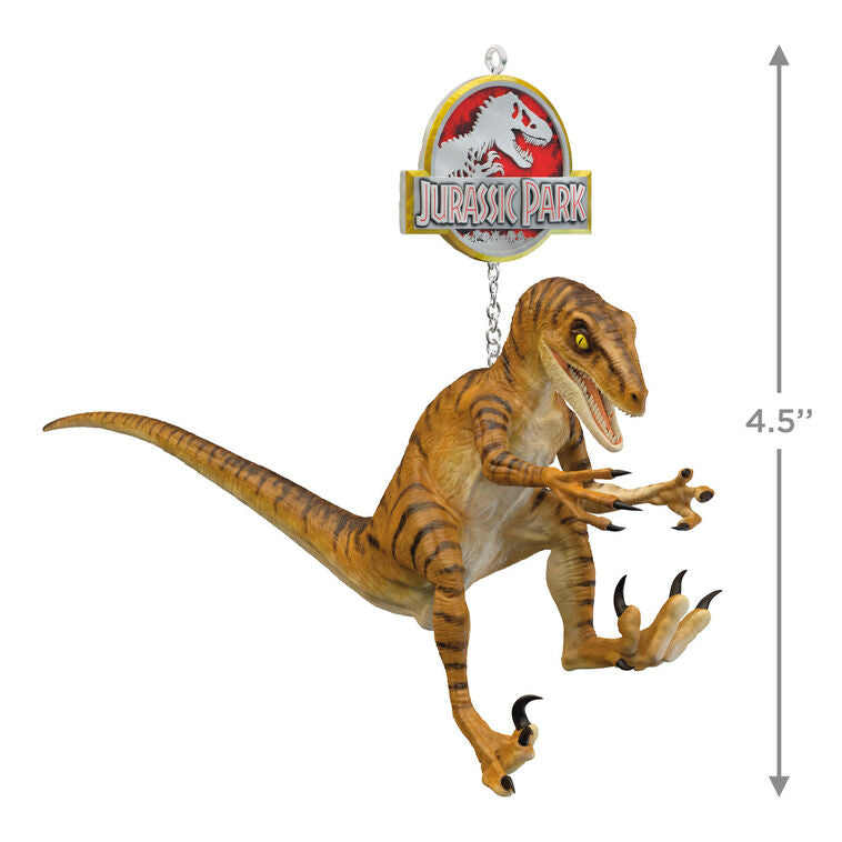 Jurassic Park ornament, Velociraptor mid-leap, “Clever Girl” scene, Hallmark Keepsake, Christmas tree decoration, dinosaur collectible.