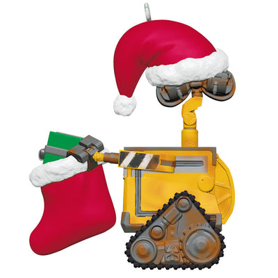 Wall-E Christmas ornament wearing Santa hat and holding red holiday stocking with a gift