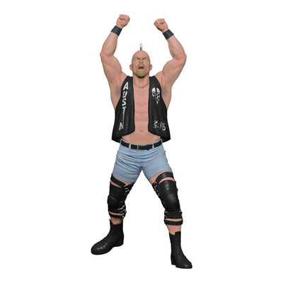 Stone Cold Steve Austin ornament, WWE wrestler in black vest, Hallmark Keepsake, Christmas tree decoration, 3:16, Attitude Era collectible.