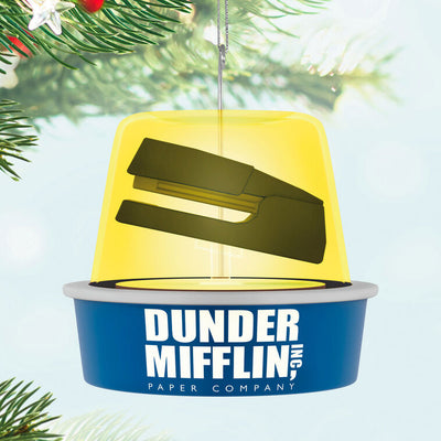 The Office ornament, stapler in yellow gelatin mold, Dunder Mifflin logo, Hallmark Keepsake, sound feature, Christmas tree decoration.