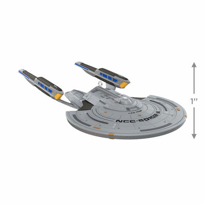 U.S.S. Titan-A starship ornament from Star Trek Picard, Constitution III-class, silver with blue accents, Hallmark collectible
