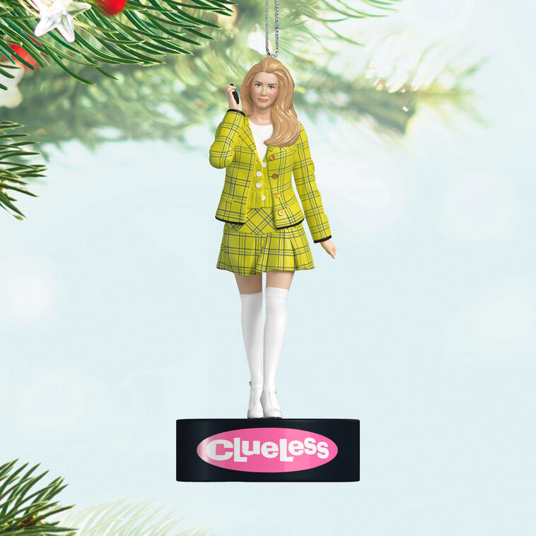 Cher Horowitz ornament, Clueless movie, yellow plaid outfit, retro flip phone, Hallmark Keepsake, sound feature, Christmas decoration.