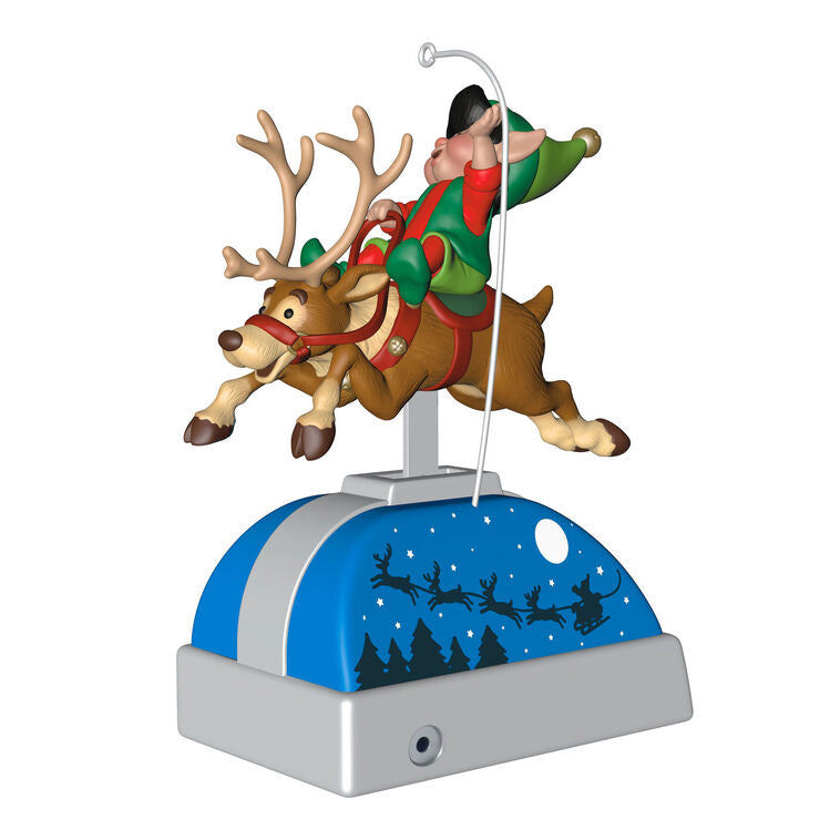 Elf riding Blitzen the reindeer musical ornament with motion, playing "William Tell Overture" holiday keepsake.

