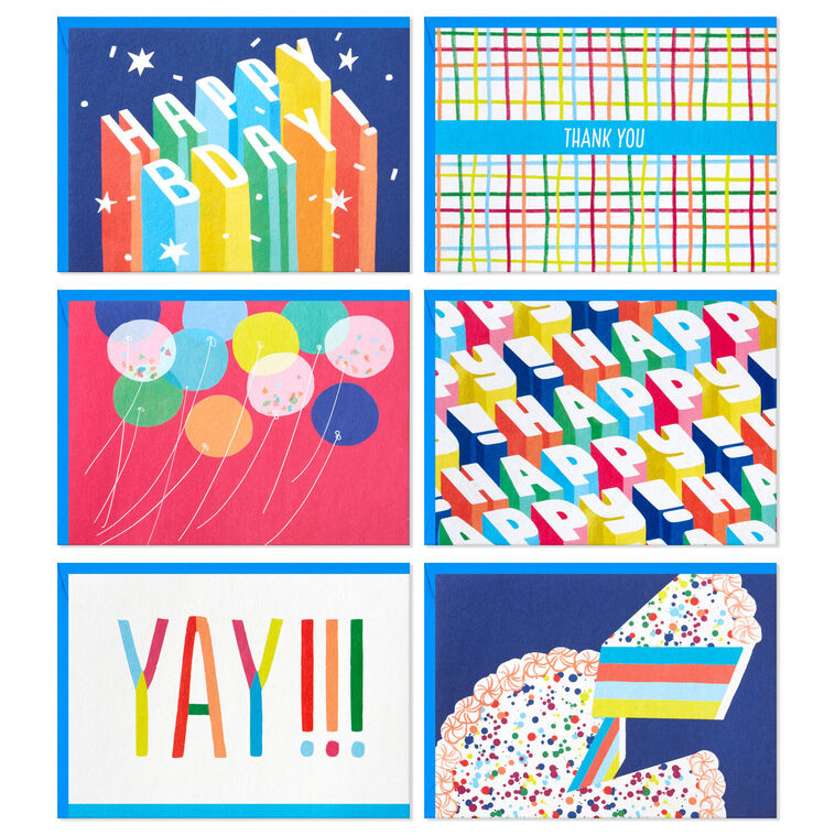 Hallmark blank note cards boxed set with colorful designs, rainbow lettering, stars, balloons, and cake, pack of 24