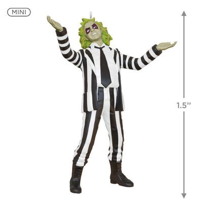 Mini Beetlejuice ornament with wild green hair and black-and-white striped suit, arms raised in playful pose.
