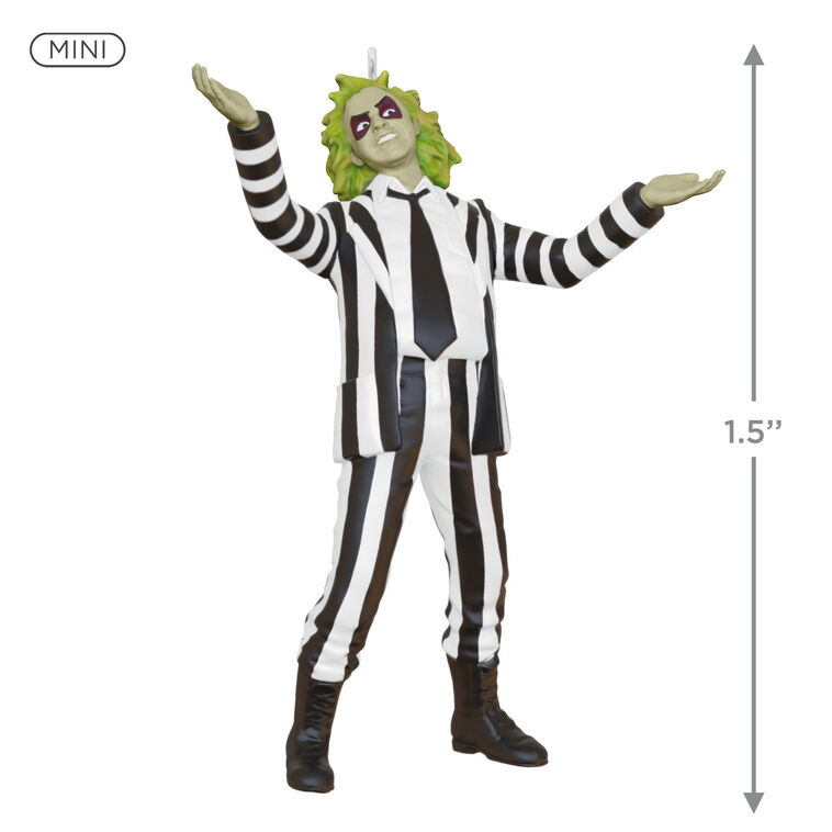 Mini Beetlejuice ornament with wild green hair and black-and-white striped suit, arms raised in playful pose.
