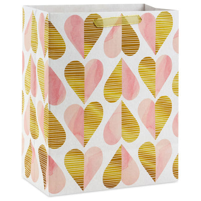 Hallmark 13-inch large gift bag with gold foil and pink watercolor hearts, romantic heart pattern, and sturdy handles
