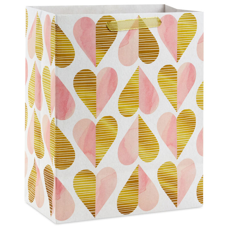 Hallmark 13-inch large gift bag with gold foil and pink watercolor hearts, romantic heart pattern, and sturdy handles

