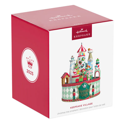 Musical Christmas village ornament with Santa, characters, spinning train, lights, and holiday carols, battery operated

