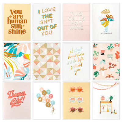 Soft pastel greeting card booklet with potted plant design on blush cover, includes 12 assorted all-occasion cards with modern illustrations and messages.
