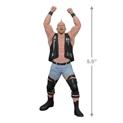 Stone Cold Steve Austin ornament, WWE wrestler in black vest, Hallmark Keepsake, Christmas tree decoration, 3:16, Attitude Era collectible.