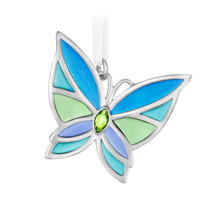 Mini Bitty Bright Butterfly miniature Christmas tree ornament with blue and green metal wings and shiny silver detailing