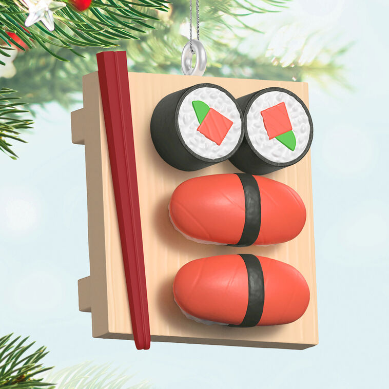 Mini sushi ornament with maki rolls, tuna nigiri, chopsticks on geta tray, Hallmark Keepsake food-themed Christmas collectible