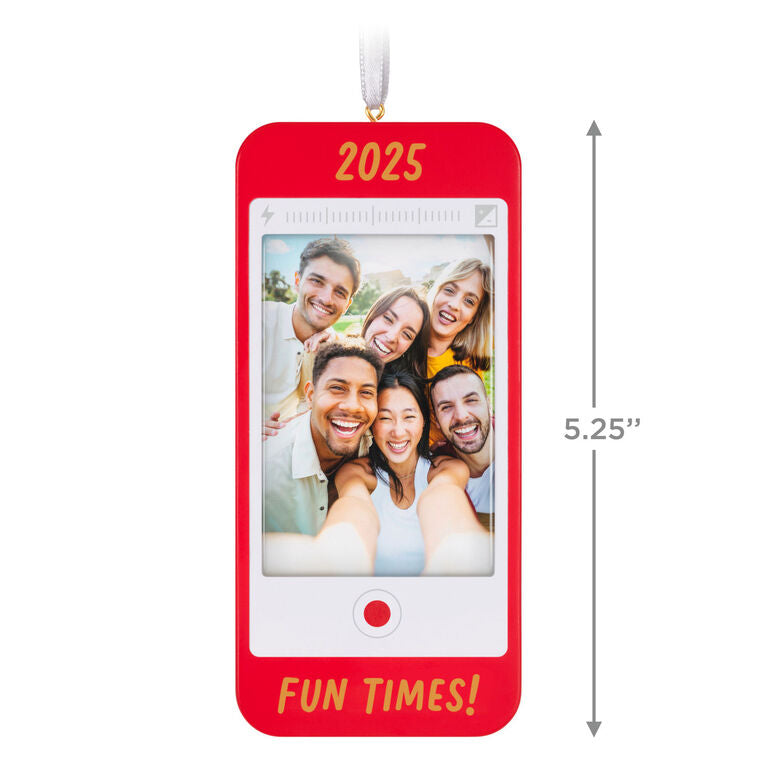 Red photo frame ornament shaped like a smartphone with “2025” and “Fun Times!” text for Christmas memories.