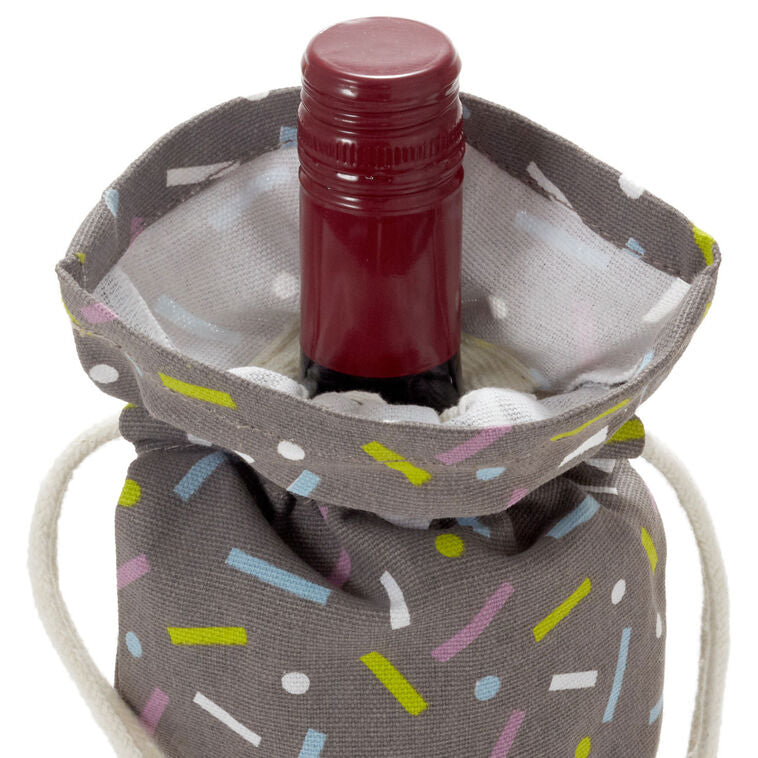 Hallmark 14-inch black fabric wine gift bag with colorful confetti print and drawstring
