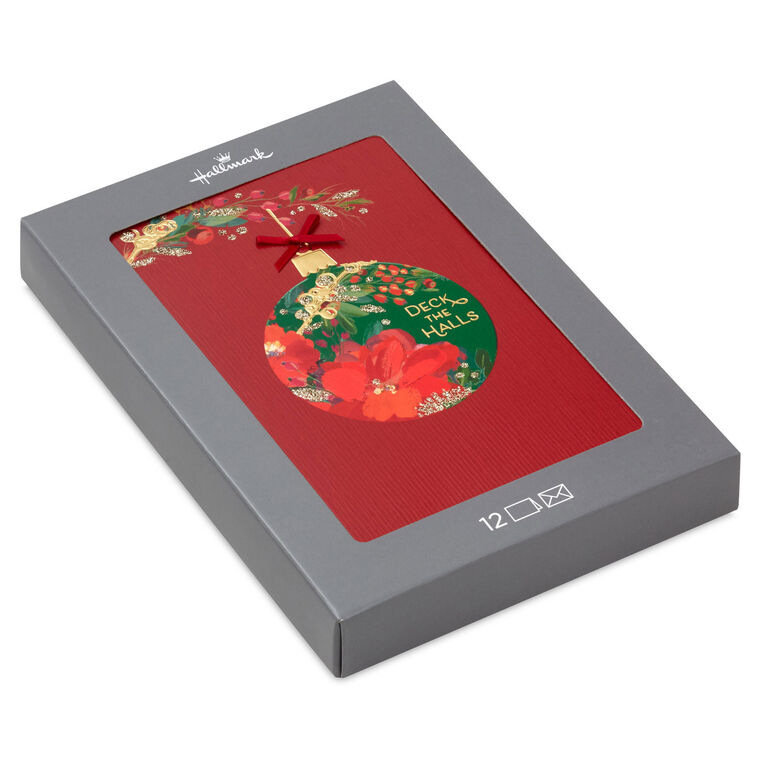 Floral Ornament on Red Boxed Christmas Cards, Pack of 12