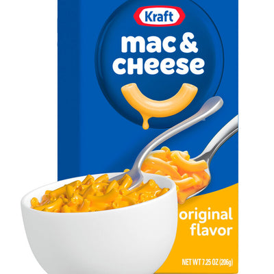 Hallmark ornament of Kraft Mac & Cheese blue box with bowl of cheesy pasta and spoon.