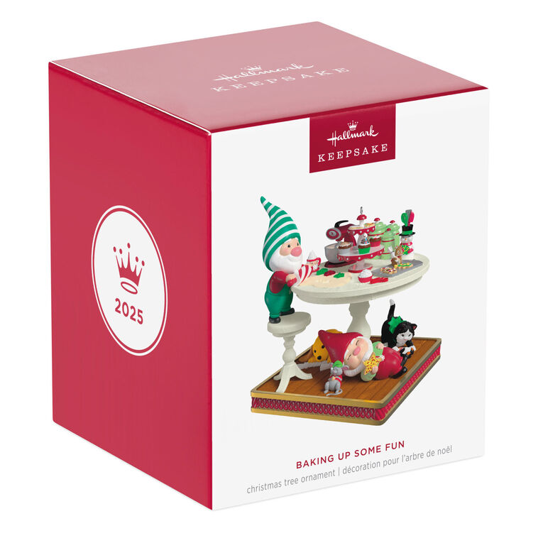 Gnome rolls cookie dough on baking table with hamster and tools, while animals play beneath in this Hallmark Keepsake ornament.