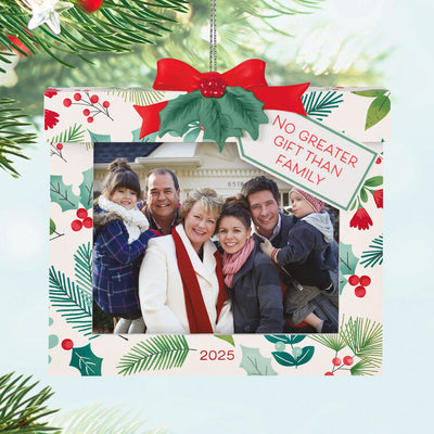 2025 Christmas photo frame ornament shaped like a wrapped gift box with festive bow and sweet message

