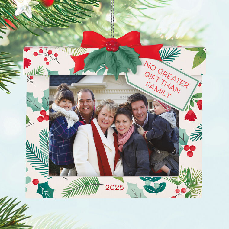 2025 Christmas photo frame ornament shaped like a wrapped gift box with festive bow and sweet message

