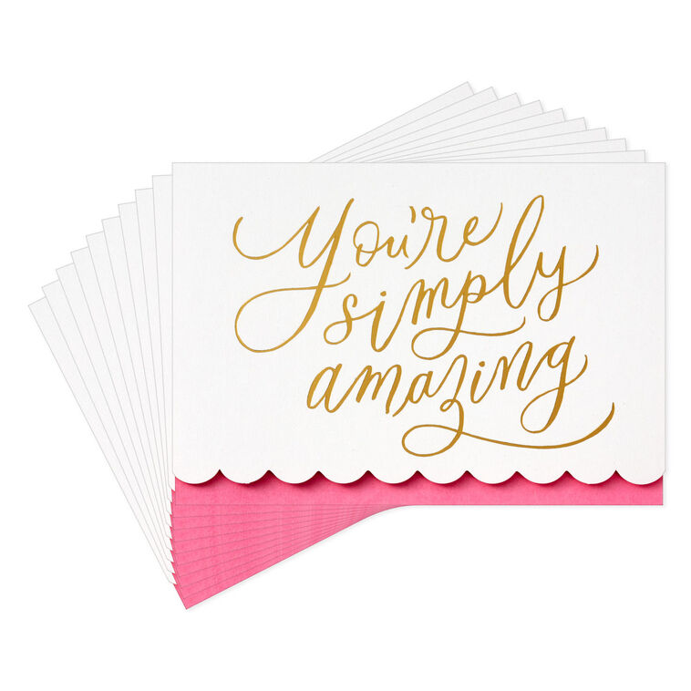 White note cards with gold foil script and scalloped pink edge, bundled in kraft paper wrap.
