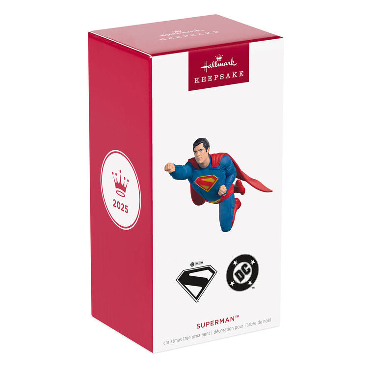 Superman ornament, DC Comics hero in blue and red suit, flying pose, Hallmark Keepsake, Christmas tree decoration, Man of Steel collectible.