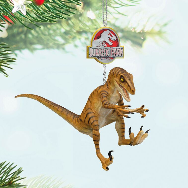 Jurassic Park ornament, Velociraptor mid-leap, “Clever Girl” scene, Hallmark Keepsake, Christmas tree decoration, dinosaur collectible.