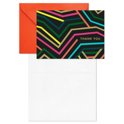 Black thank-you cards with angular neon lines in bold colors and gold foil lettering.
