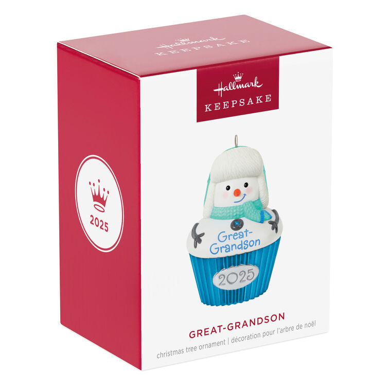 Cupcake-shaped snow-boy ornament with trapper hat and green-blue scarf, year-dated 2025 for great-grandson Christmas gift

