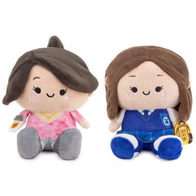 Gilmore Girls plush set of Lorelai and Rory with magnets, pink sweater and school uniform, embroidered features.
