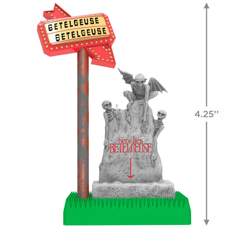 Beetlejuice ornament, grave headstone with marquee sign, Hallmark Keepsake, light-up feature, Christmas tree decoration, horror-comedy collectible.