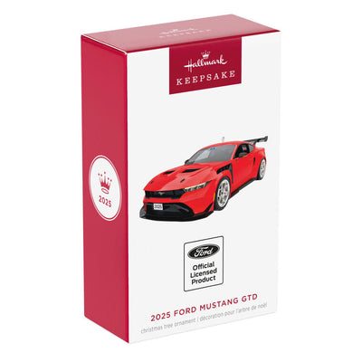 Detailed red 2025 Ford Mustang GTD metal ornament by Hallmark Keepsake.