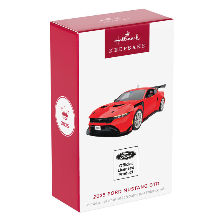 Detailed red 2025 Ford Mustang GTD metal ornament by Hallmark Keepsake.