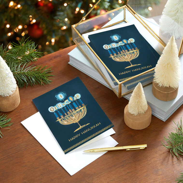 UNICEF Gold Menorah on Blue Boxed Hanukkah Cards, Pack of 12