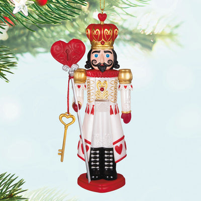 Hallmark Keepsake Noble Nutcrackers King of Hearts ornament—regal nutcracker in red, white, gold, heart designs, crown, key, heart locket, lever back