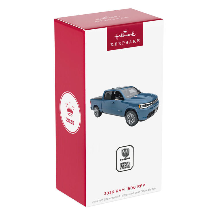 Blue Hallmark Keepsake metal ornament of 2026 Ram 1500 REV truck with detailed design, perfect for Christmas tree decorating.
