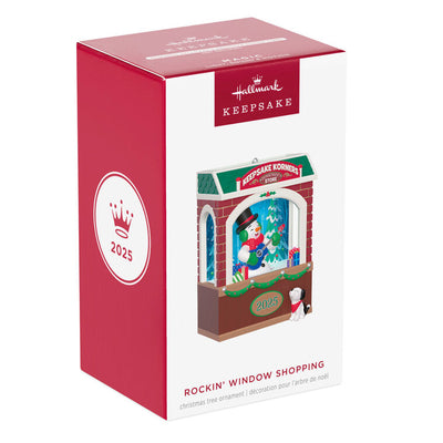 Snowman playing guitar with barking puppy in store window, Hallmark Rockin' Window Shopping 2025 ornament with light and 
