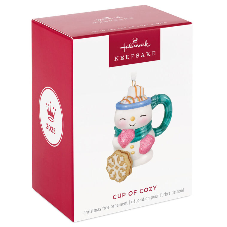 Porcelain ornament shaped like a snowman mug with scarf, pink mittens, marshmallow, caramel drizzle, and snowflake cookie, Hallmark Cup of Cozy series