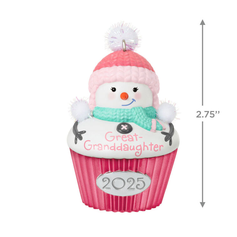 Cupcake-shaped snow-girl ornament with pink hat and green scarf, year-dated 2025 for great-granddaughter Christmas gift


