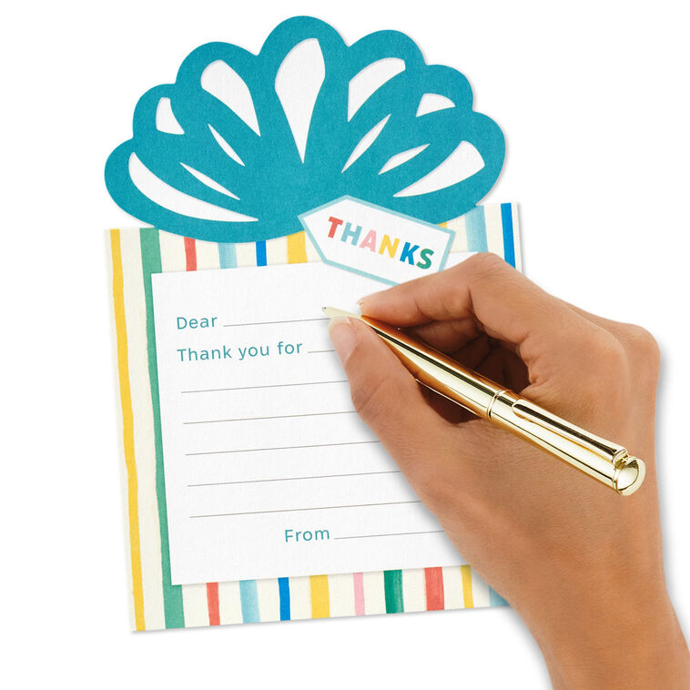 Prompted thank you cards shaped like a gift with teal bow and rainbow stripes; flat cards for kids with envelopes, pack of 10